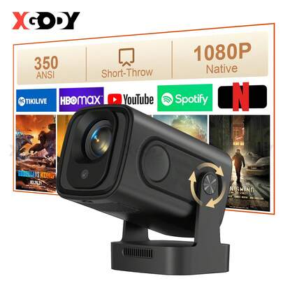 XGODY Gimbal 5 Pro 350ANSI Brightness Smart Projector Beamer, 180° Rotation Portable Projector, Native 1920*1080P Support 4K,Built In Android 11.0 And Wifi 6 & Wireless BT 5.4 ,1GB RAM+8GB ROM Storage, 180° Angle Adjustment Automatic Keystone Correction And Automatic/Electronic Focus Home Cinema Theater In/Outdoor Video Projector For Halloween Christmas New Year'S Birthday Gifts