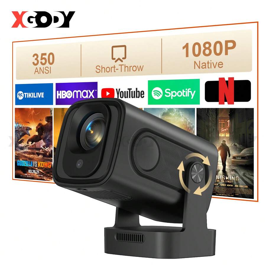 XGODY Gimbal 5 Pro 350ANSI Brightness Smart Projector Beamer, 180° Rotation Portable Projector, Native 1920*1080P Support 4K,Built In Android 11.0 And Wifi 6 & Wireless BT 5.4 ,1GB RAM+8GB ROM Storage, 180° Angle Adjustment Automatic Keystone Correction And Automatic/Electronic Focus Home Cinema Theater In/Outdoor Video Projector For Halloween Christmas New Year'S Birthday Gifts - 黑色 - 查看 1