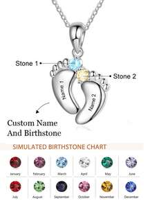 1pc Personalized Necklace, Customized Footprint, Birthstone Necklace, Mother's Day Necklace, Gift For Mom, Mother's Day Gift - White - View 1