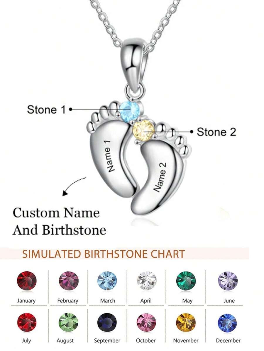 1pc Personalized Necklace, Customized Footprint, Birthstone Necklace, Mother's Day Necklace, Gift For Mom, Mother's Day Gift - White - View 1