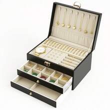 3-Layer Lockable Jewelry Box With Key – Large Leather Organizer Case For Rings, Earrings, Necklaces, Bracelets, Watches & Lipsticks – Elegant Gift For Women - Black - View 1