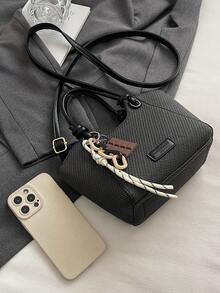 时尚编织纹理拼色水桶包，休闲日常上班通勤大容量手提包，简约百搭购物手提包，轻便斜挎包，流行时尚设计女士单肩包 - 黑色 - 查看 5