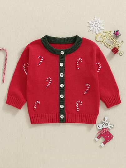 Toddler Baby Christmas Cardigan Long Sleeve Button Down Candy Cane Embroidery Sweater Clothes For Girls Boys