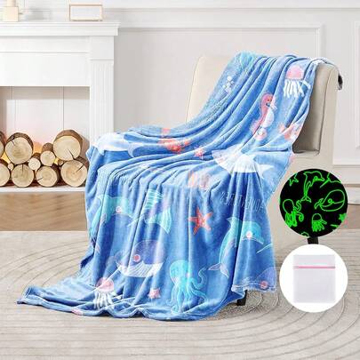 1pc Kids Glow-In-The-Dark Blanket, Luminous Throw Blanket, Gift For Boys Girls Children Toddlers, Soft Fluffy Plush Flannel Blanket, Suitable For Sofa Bed School, Blue Underwater Animal Pattern, Birthday Christmas Halloween Thanksgiving Easter Gift