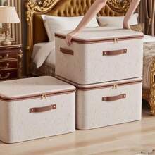 1pc Foldable Linen Fabric Storage Box With Visible Window, Large Capacity Clothes, Quilt, Wardrobe Organizer - Beige - View 5