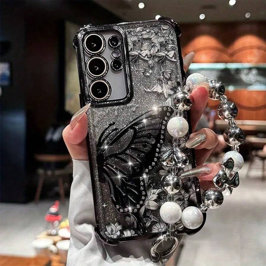(Bracelet) (Butterfly Stand) Butterfly Stand Compatible With Samsung S24Ultra Phone Case Fe Four-Corner Anti-Fall GalaxyS23plus Flower Strap S22 Glitter Protective Case, New Design For Women S25/S25U Phone Case - Black - View 1