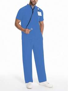 Men's Nurse/Doctor/Veterinary Work Uniform Short Sleeve Top And Pants Set - Baby Blue - View 2