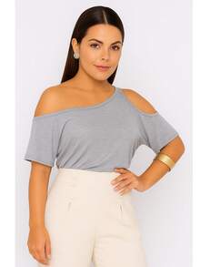 Women's Basic Viscolycra Blouse Round Neck Baby Look Short Sleeve - Grey - View 1