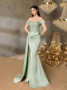 Alisa&Leo 少女露肩亮片晚礼服 - 合身亮片紧身胸衣，侧开衩，不对称拖尾，适合毕业典礼、舞会、婚礼和高端晚会 - 綠色 - 查看 5