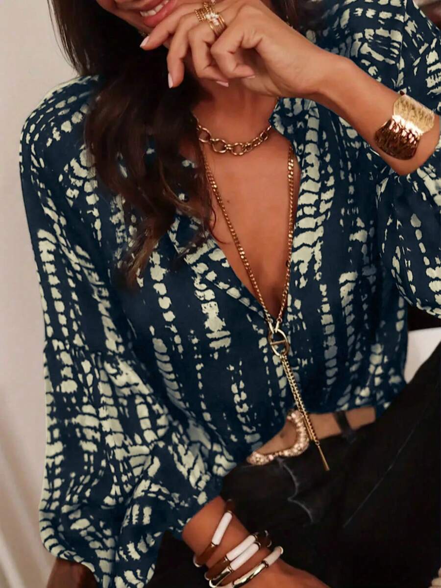 Women's Spring/Summer Vacation Allover Print Shirt - Elegant Lantern Sleeve, Button Collar, Lightweight Polyester, All-Over Allover Print Summer Shirt - Blue - View 1