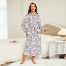 1pc Women's Pink Heart Print Fluffy Robe, Elegant & Fashionable, Thick & Warm For Autumn/Winter, Comfortable For Outdoor, Vacation And Home Wear, Fall, Cozy - Multicolor - View 5