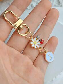 1pc Unisex A-Z Letter Stainless Steel Keychain, Minimalist Letter, Flower, Ladybug Design, Gift For Friends, Bag Pendant - Multicolor - View 14