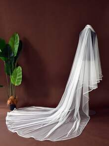 1 件双层缎边新娘面纱，适用于婚礼仪式面罩、摄影道具、教堂婚纱配饰，带发梳，超长拖尾 - 寬3米 - 查看 12