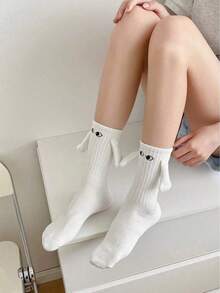 1/2 Pair Magnetic Couple Socks, Cute Stick-Together Automatic Foot Holding Mid-Calf Socks, Spring/Autumn - Black and White - View 3