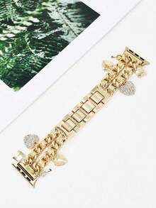 1pc Fashionable Metal Glitter Leather Strap With Double Heart Lock Clasp, Compatible With Apple Watch 38/40/41/42/44/45/46/49mm, Suitable For Apple Watch Ultra/SE/Series 10/9/8/7/6/5/4/3/2/1, Adjustable Length, Convenient Operation, Suitable For Women's Fashionable And Compact Smart Watch Strap (Strap Only, Watch And Case Not Included) - Double Heart Lock Cylinder Gold - View 6