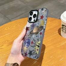 Planet & Star Pattern Phone Case, Personalized Protective Cover Compatible With Iphone 16 Pro Max, 15, 14 Plus, 13, 12, 11 - Black Frame Silver Gray - View 3