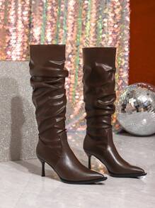 Women's Outdoor Commute, Fashion Versatile, High Heel Kitten Heel, Pointed Toe Pleated Knee-High Boots, Slip-On, Autumn/Winter, Over-The-Knee Wrinkled Boots, Slim High Heel Work Boots, Coffee Color Tall Knee-High Boots - Coffee Brown - View 4