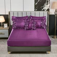8 Pieces Satin Comforter  Set Queen/King Size Bed In A Bag Silky Bedding Set For Bedroom Decor Girls Pink Ruffled Comforter Set With Sheet Set Soft And Luxury Bedding Comforter Set Thread Count 1000 Silk Like Satin Bedding Set For All Seasons - Purple - View 4