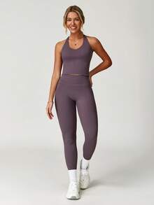 MASKERT "2-Piece Set"Women's Vest Yoga Tight Pants Set, High Stretch Running Sports Set, Comfortable And Skin Friendly - 紫色 - 查看 5