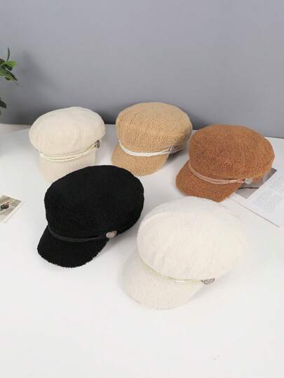 1pc Women's Solid Color Sherpa Rope Decor Thick Warm Oversized Newsboy Cap, Fashionable European And American Style, Suitable For Autumn/Winter Casual Wear