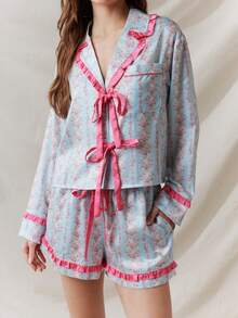 Women Y2k Summer 2 Piece PJs Pajama Sets Long Sleeve V Neck Lapel Button Down T-Shirt Floral Print T-Up Front Top Elastic Waist Wide Leg Drawstring Pajama Bottoms Casual Loungewear Sleepwear - 藍色 - 查看 2
