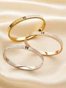 1 pièce Bracelet jonc avec fermoir en anneau O en acier inoxydable de style européen, texture en acier au titane. Polyvalent, convient pour un port quotidien, cadeau de la Saint-Valentin, pour maman, fête des mères - bracelet de perles boule - Voir 10