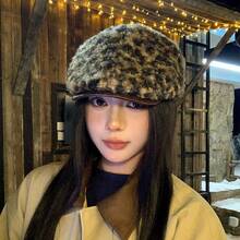Y2k Retro Leopard Pattern Forward Hat Autumn/Winter Hat Show Face Small Spicy Girl Style Beret Outdoor Travel Daily Leisure Versatile - MM2210深灰 - 查看 3