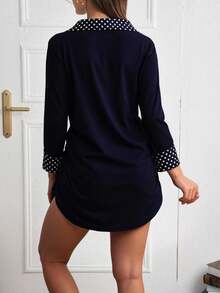 Blusa maternidad dama mujer estampado lunares cuello camisero escote en v manga 3/4 recto largo cadera embarazo mamá embarazada tela suave ligera diseño casual diario oficina primavera verano - Azul Marino - Ver 2