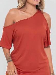Women's Basic Blouse With One-Sleeve, Loose, Open Shoulder - Terracotta - View 3