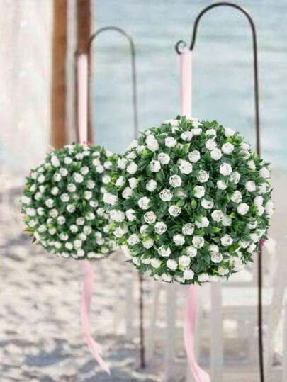 2Pcs 7.86 Inch Artificial Plant Topiary Balls, Artificial Rose Flower Decorative Balls UV Protection Faux Evergreen Plants For Backyard, Balcony, Garden, Wedding, Porch And Home Décor