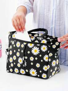 1pc New Fresh Japanese Style Daisy Handbag, Cute Cherry Print Lunch Bag, Multi-Functional Insulated Cooler Bag, Fashion Bento Box Bag For School And Office, Great Gift For Friends Lunch Bag For Women Lunch Box For School - Black - View 3