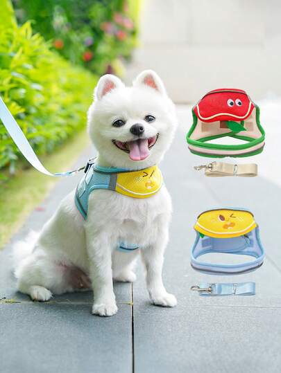 Bavaglino con stampa cartoni animati "dopamina", pettorina e guinzaglio per cani e gatti, gilet in rete traspirante, adatto per tutte le stagioni