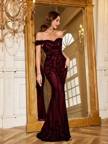 UNITHORSE 【随机裁剪】女士露肩露背连衣裙，闪亮亮片优雅晚礼服，婚纱，生日礼服，毕业礼服，正式礼服，婚礼春季派对礼服 - 酒紅色 - 查看 7