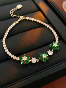 1pc Stainless Steel 18K Plated Floral Rhinestone Pendant Bracelet, Luxury Women's Accessory Suitable For Party, Date, Work - Yellow Gold - View 8