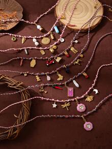 1 件不锈钢材质休闲海滩度假风格海洋生物太阳龟星花吊坠珍珠吊坠编织织物链女士项链，高品质，镀 18K 金，防水防汗，适合日常使用，是送给妻子、母亲和女朋友的最佳礼物