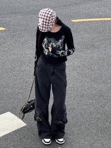 Women's Retro Floral Print Long Sleeve T-Shirt, Summer Casual Spring - Black - View 3