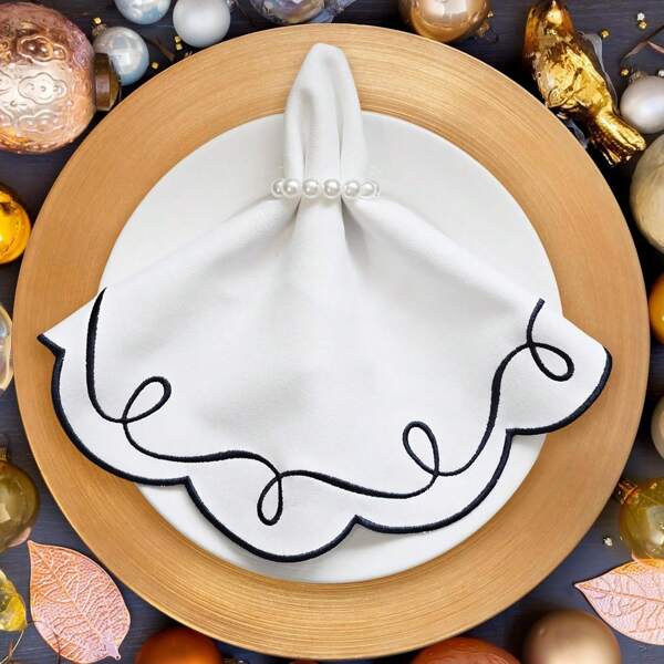 4 PCS Circular Napkins Cloth 38*38cm/14.96*14.96inch Embroidery Washable Table Dinner Comfortable Soft For Family Everyday Use Christmas Hotel Restaurant Weddings Thanksgiving Events Parties Easter