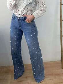 Women's Casual High Stretch Denim Jeans With Beaded Details, Long Straight Leg Design