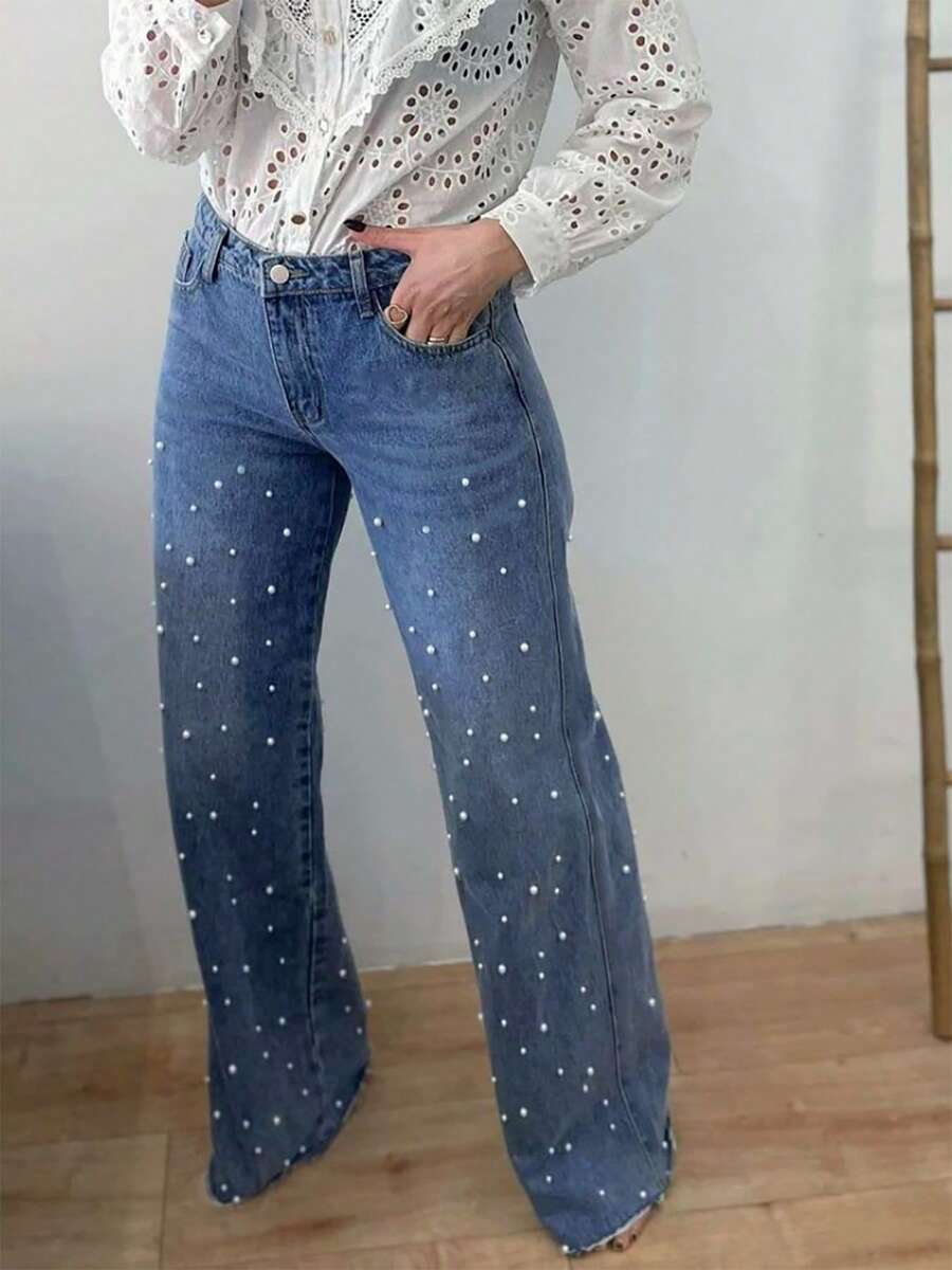 Women's Casual High Stretch Denim Jeans With Beaded Details, Long Straight Leg Design