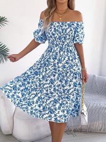 Summer Blue Floral Off Shoulder Midi Dress For Women, Smocked Puff Sleeve A Line Casual Vacation Dress - 藍色 - 查看 5