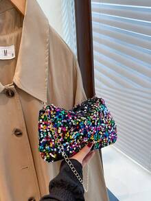 Mini Fashionable Sequin Shoulder Bag, Chain Strap Small Square Bag For Women - Multicolor - View 2