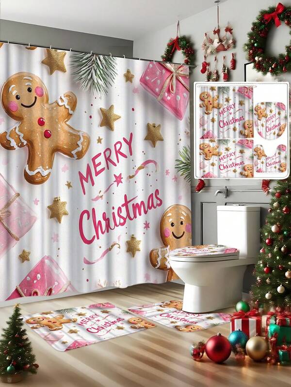 1 Piece/4 Pieces Christmas Scene Winter Decor, Pink Gingerbread Man, Snowflake, Christmas Shower Curtain, Modern Personalized Bathroom Christmas Decor, Waterproof Fabric Shower Curtain Set With 12 Hooks, Non-Slip Bathroom Rug, U-Shaped Toilet Mat, Toilet Lid Cover, Christmas Home Decor. Bathroom Decor
