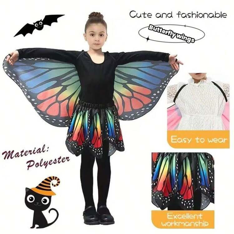 Girl's Butterfly Wing Costume Set, Butterfly Shawl And Skirt, Girls' Dress Up Wings Halloween Birthday Party Gift, Girl's Insect Costume Party Gift, Butterfly Crazy Dress Up Girls, Cute Butterfly Wings, Suitable For Halloween, Christmas, Birthday Parties - Multicolor - View 6