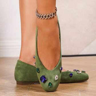 1 Pair New Fashionable & Comfortable Diamond Decorated Flat Shoes