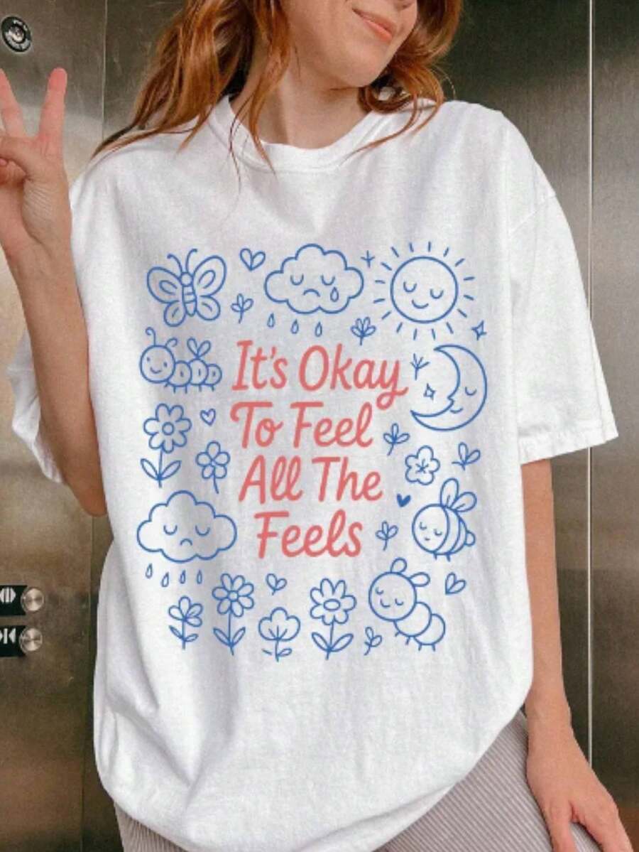 It's Okay To Feel Shirt, Mental Health Awareness Tee,  Shirt, Feelings Matter Shirt, Therapy Encouragement Shirt Summer Tops For Teens,Women Oversized Tshirt,Loose Fit Round Neck Short Sleeve Women T-Shirt, Suitable For Summer - 白色004 - 查看 1