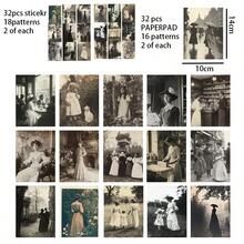 68/包（32 张纸垫 + 36 张贴纸）维多利亚时代照片纸垫 - 古董维多利亚时代复古卡片，带有身着长裙的优雅女士，4x6 英寸（10x15 厘米），适用于剪贴簿、垃圾日记本、婚礼、生日、周年纪念装饰 - 黑色 - 查看 2