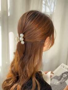 1 Piece Elegant Sweet Style Polished Plastic Hair Hook Clip With Imitation Pearls, Oval Fashion Hair Accessory For Women, Single Piece Hair Clip Clip For Thick Or Thin Hair Styling Tools - trắng - Xem 3