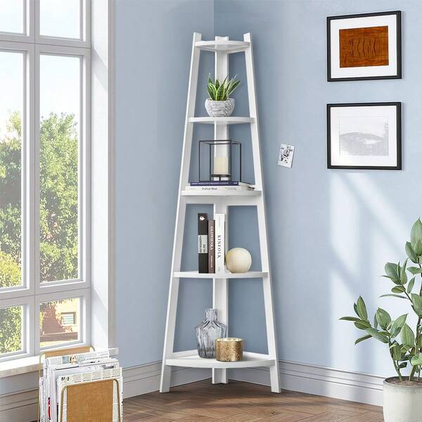 SUN YEE Corner Ladder Shelf, 5-Tier Bookshelf With Strong Support Legs, Triangular Structure Display Stand Rack For Bedroom Living Room Home Office, 37x37x153cm, White