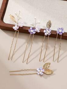 5pcs Handmade Faux Pearl Flower & Leaf Hair Clips, Bridal Wedding Party Accessories Valentine's Day Accessories - Purple - View 2