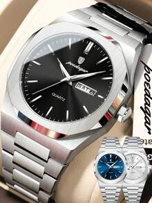 POEDAGAR 男士商务日期星期不锈钢石英表，时尚防水夜光男士腕表，休闲男士腕表，适合日常佩戴，节日男士礼物